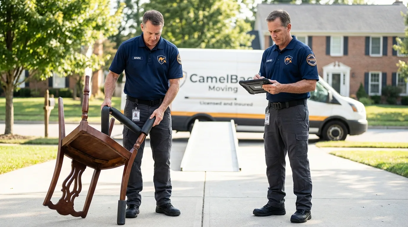 Movers inspecting furniture for damage prevention before loading in Bradford, OH