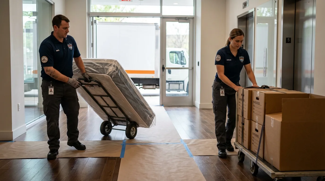 Professional apartment movers loading elevator in Bradford, OH